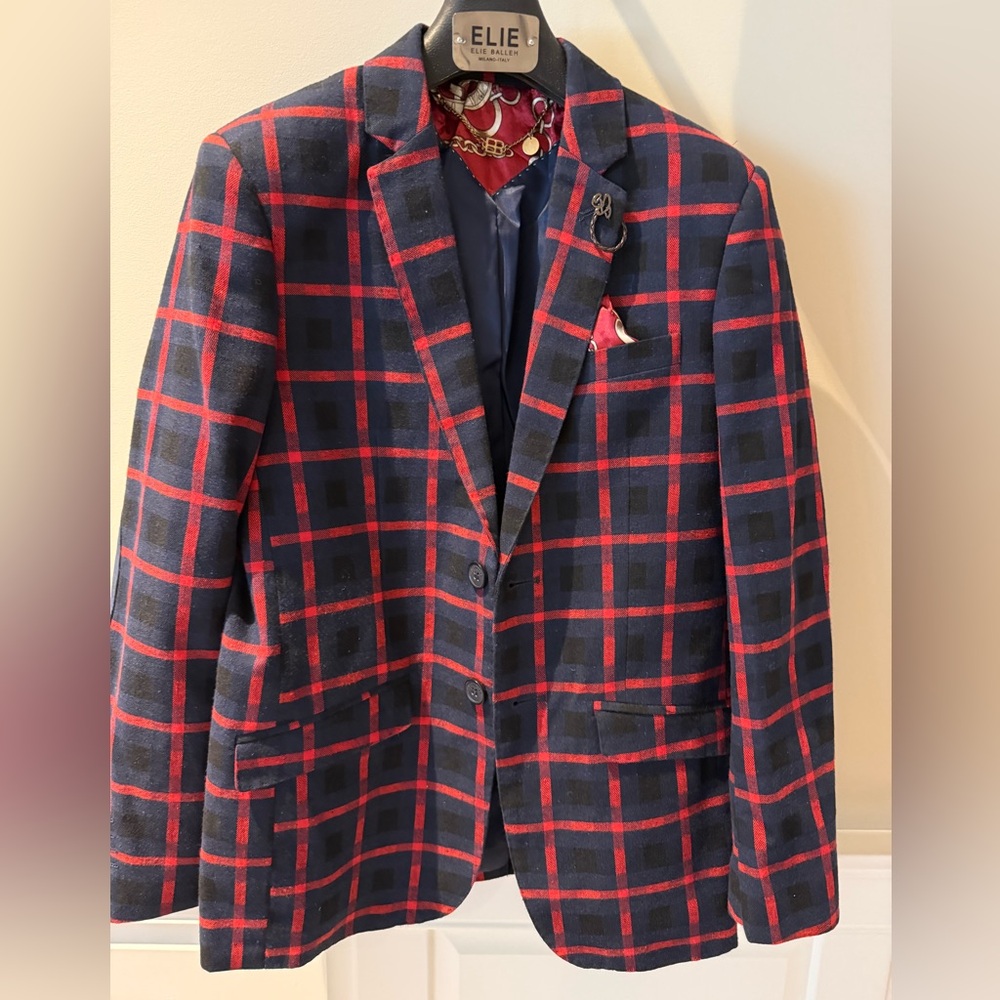 Elle Red and Blue Checkered Blazer